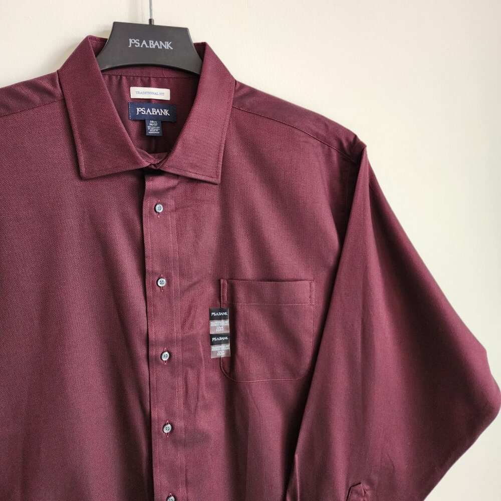 18.5 36/37 Red Wine Dress Shirt Traditional Fit Dark Jos A Bank New Solid Mens - Picture 10 of 16